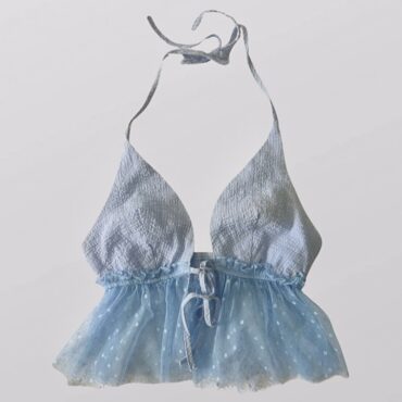 גופיית קרופ קולר משולשים בצבע תכלת ! בשילוב טול מנוקד וקשירה