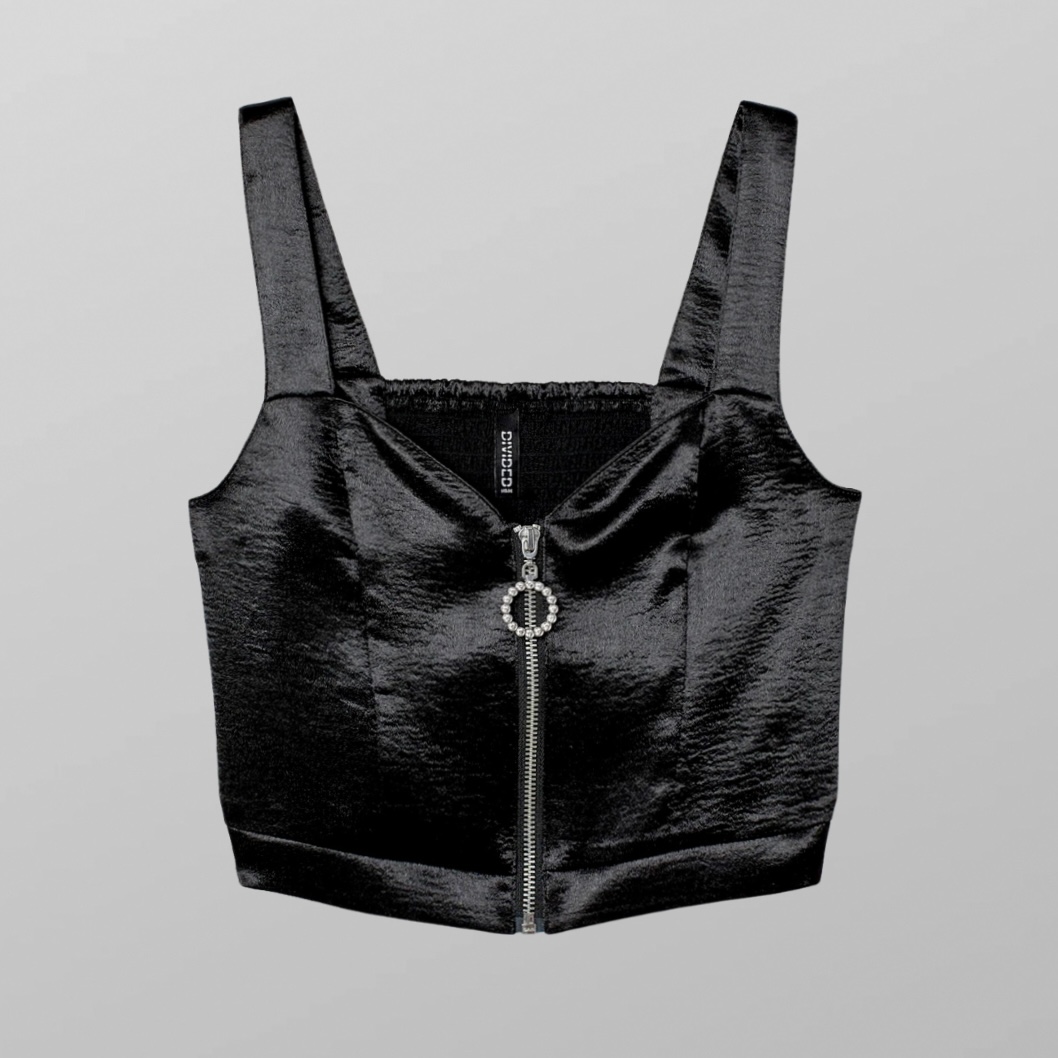 עם טיקט! חולצת סאטן קרופ סטייל מחוך חדש! עם רוכסן קדמי! S H&M