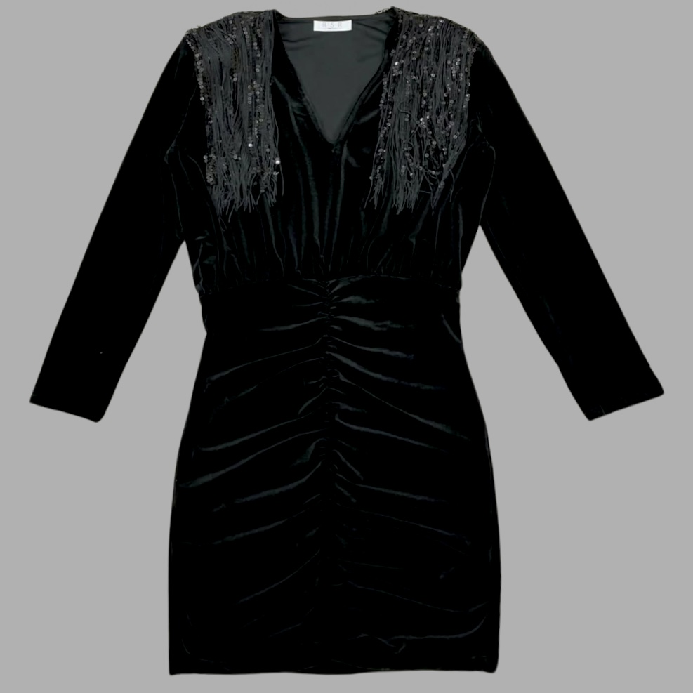 ZARA מידה XS שמלת ערב שחורה קטיפה! בשילוב פרנזים עם פאייטים וכריות כתפיים! לייקרה!