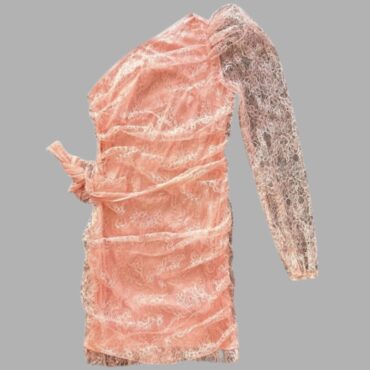 שמלת ערב מעצבים! תחרה בצבע ורוד שרוול אחד! מידה M