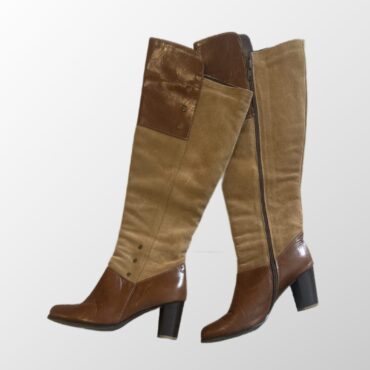 מגפי עור אמיתי בשילוב זאמש וניטים גובה עקב - 7 ס״מ, אורך המגב 42 ס״מ