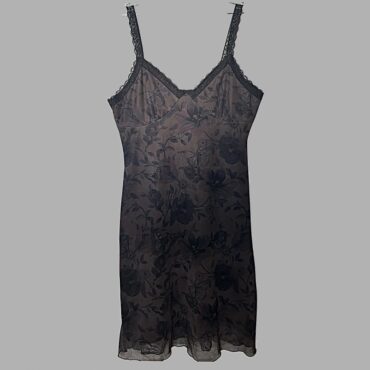 שמלת שיפון לייקרה נשפכת כתפיות ותחרה מידה L עם צבע חום הדפס פרחים ופרפרים מצב כמו חדש!