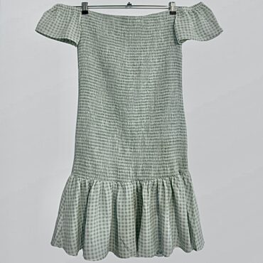 שמלת מיני ירוקה משובצת עם כיווצים עם כתפיים שמוטות וכיווצים מבית רנואר מידה L