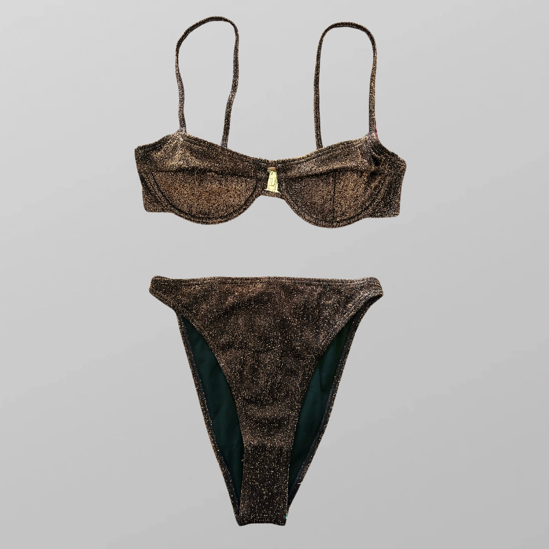 עם טיקט! בגד ים ביקיני ברונזה מנצנץ גזרה גבוהה מידה S