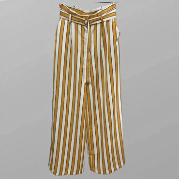 מכנסיים אלגנטיים נשפכים ורחבים בהדפס פסים צהובים! גזרה גבוה ושילוב חגורה מידה M