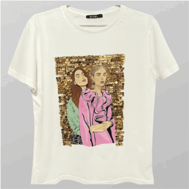 טישרט לבנה פאייטים בהדפס נשים מידה S של mint