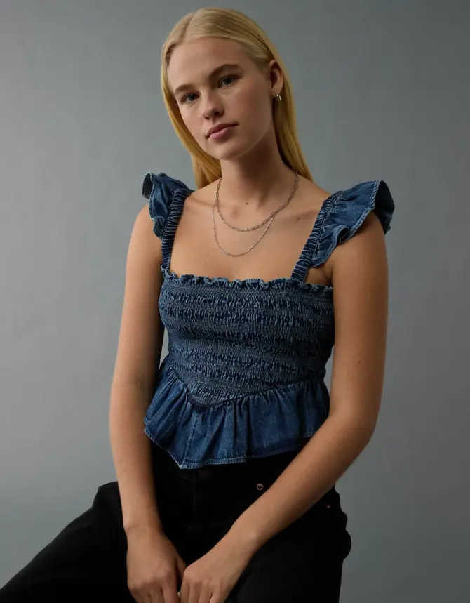 ⁦American eagle טופ ג׳ינס כיווצים עם מלמלות מידה L⁩ – תמונה ⁦2⁩