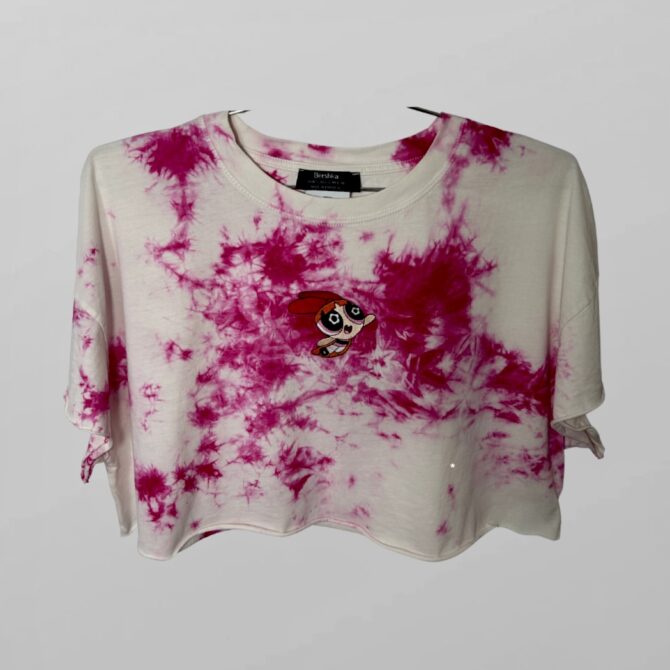 Bershka טישרט קרופ ורודה טאי דאי אוברסייז עם רקמה מידה L