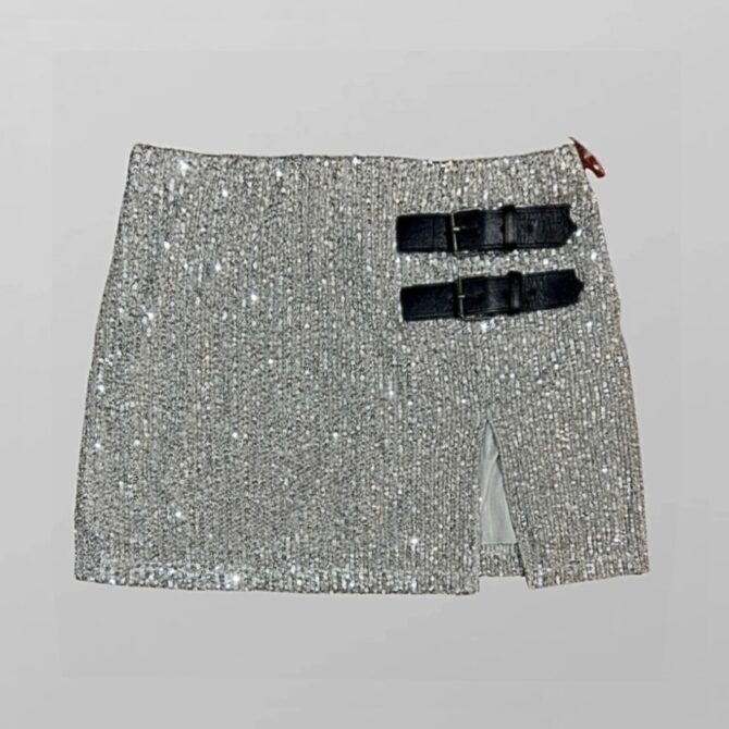 ASOS חצאית מיני פאייטים כסופה עם אבזמים מידה 44