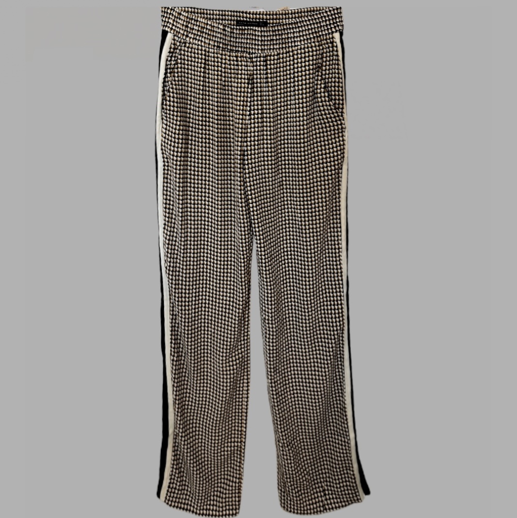 ZARA מידה 38 מכנסיים נשפכים הדפס גיאומטרי חום, שחור ולבן גזרה ישרה גומי במותן ופסים בצדדים. מצב חדש!