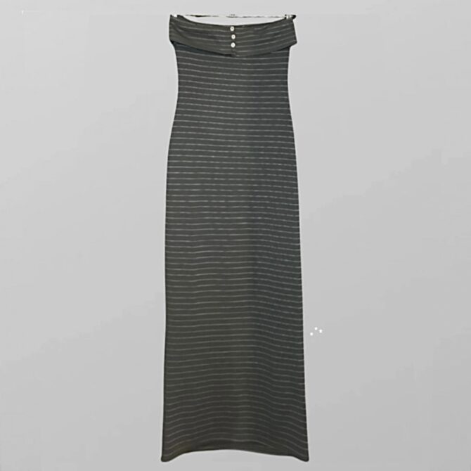 ASOS עם טיקט שמלת מקסי סטרפלס אפורה בהדפס פסים