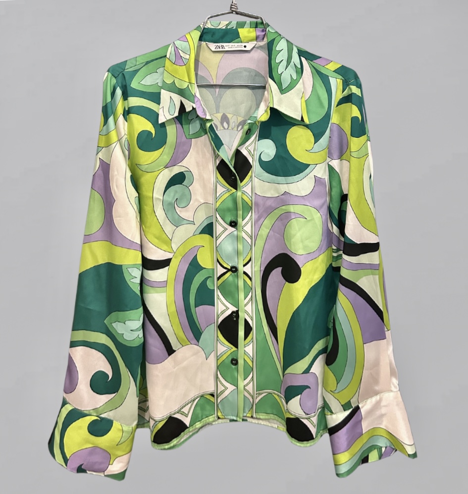 ZARA חולצת סאטן ירוקה מודפסת אוברסייז מידה 26