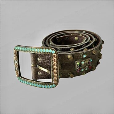 חגורת וינטג׳ 100% עור חומה משובצת אבנים קריסטלים וניטים