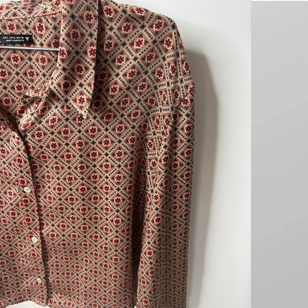 ZARA חולצת סאטן אוברסייז חומה פרחונית מידה  L – תמונה 2