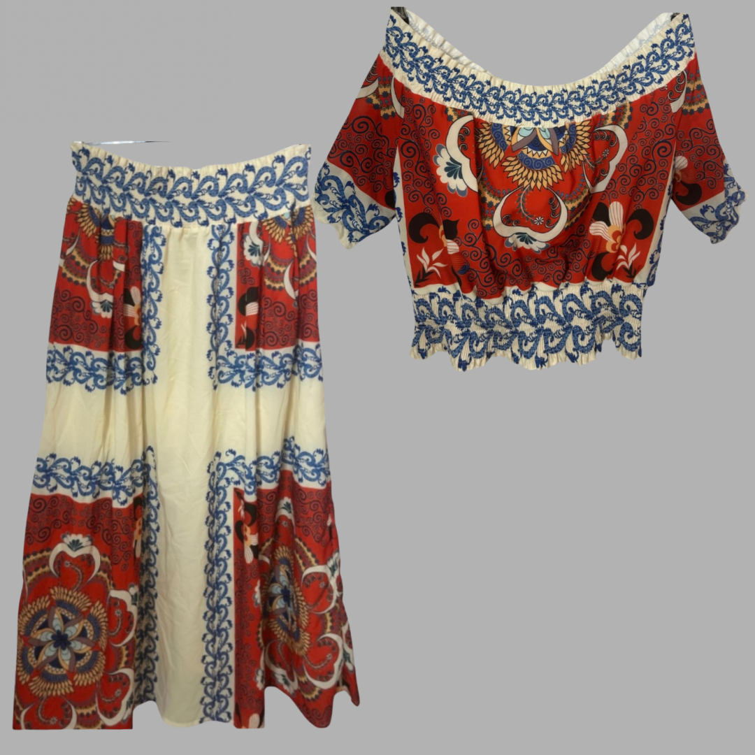 Be Queen מידה XL חליפה בסגנון בוהו שיק חגיגית חצאית מקסי וחולצה אוף שולדרס היקף מותן עד 100 ס״מ