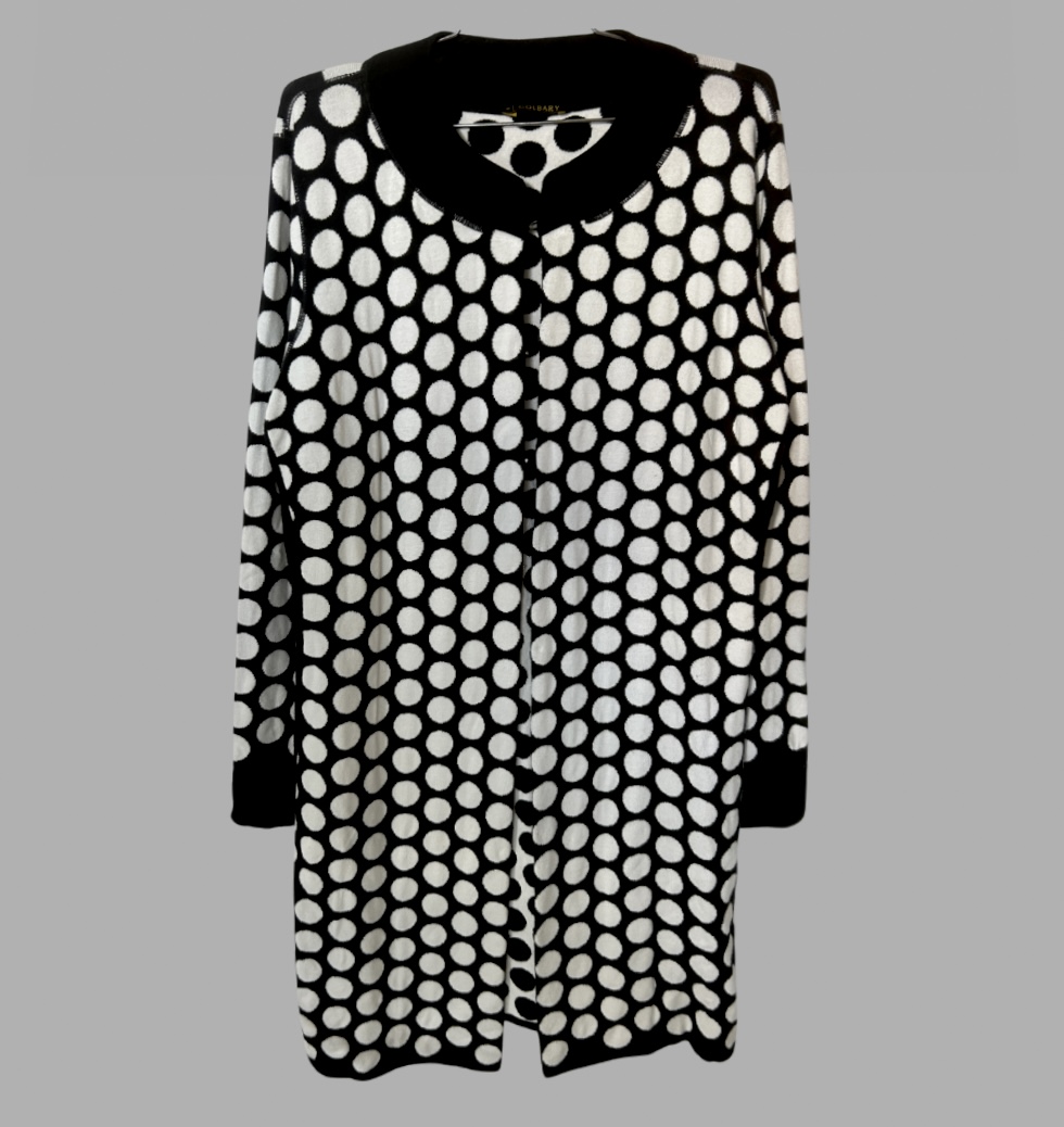 GOLBARY קרדיגן עליונית סריג נקודות שחור לבן עם סגירת קרסים מידה 44