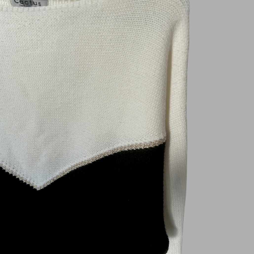 סריג מיוחד שחור לבן עם משולש תחום פס זהב מנצנץ מידה S – תמונה 2