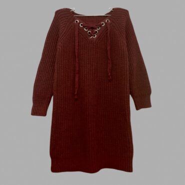 שמלת מיני סריג בורדו/חמרה גזרה ישרה תערובת צמר מחממת עם שרוכים בחלק העליון מידה S