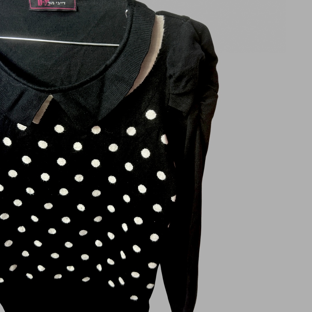 Vintage! מידה M סריג שחור נקודות צווארון בובתי ומעט שרוולים תפוחים תערובת כותנה – תמונה 2