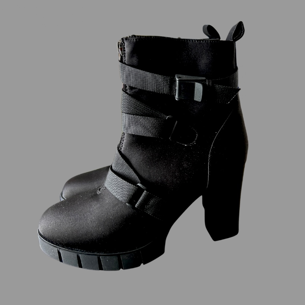 חדשים מידה 40 מגפון שחור מרקם סאטן  עם עקב מרובע בעטור רצועות ״חגורה״ יש רוכסן בצד לסגירה נוחה – תמונה 2