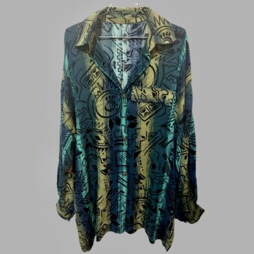 וינטג׳! מידה 44 חולצה מכופתרת אוברסייז טורקיז וירוק הדפס אתני גיאומטרי מצב חדש