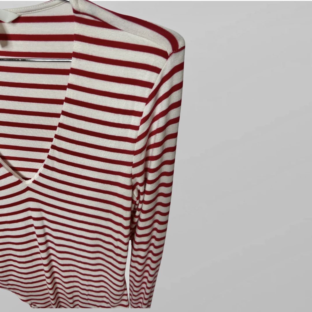 Hm חדש! בגד גוף לייקרה ג׳רזי פסים אדום לבן מחשוף וי מידה L – תמונה 2