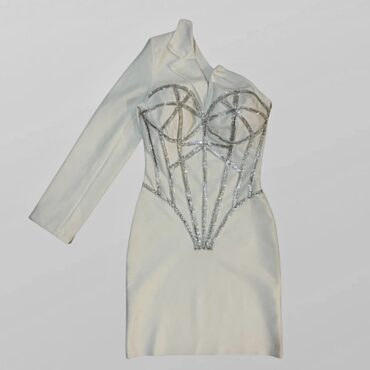 חדשה!שמלה לבנה מפוארת מחורזת לייקרה מחטבת באורך מידי מידה 36