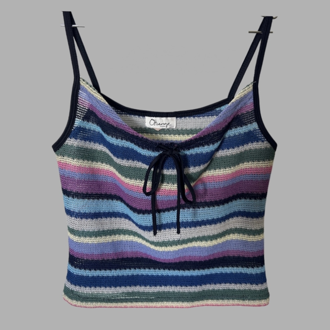 Orange USA מידה 38 גופיית סריג פסים צבעונית עם כתפיות כחולות ופפיון במחשוף