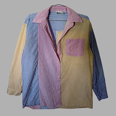 SOBE חולצת פסים מכופתרת מידה S חולצת אוברסייז בשילוב צבעים ורוד, צהוב וכחול,