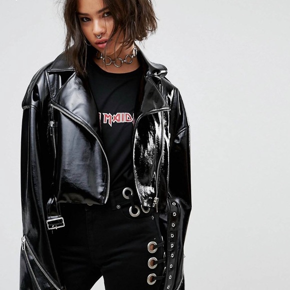 ASOS מעיל בייקר אוברסייז מידה 36 קרופ מבריק שחור חדש! – תמונה 3