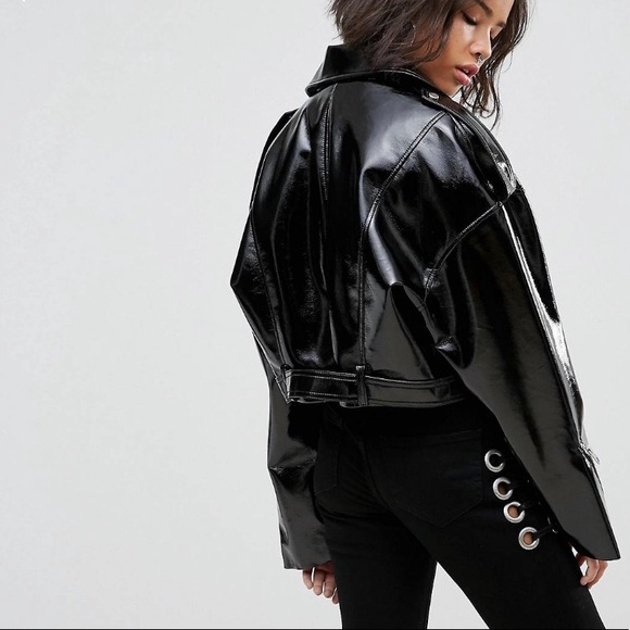 ASOS מעיל בייקר אוברסייז מידה 36 קרופ מבריק שחור חדש! – תמונה 6