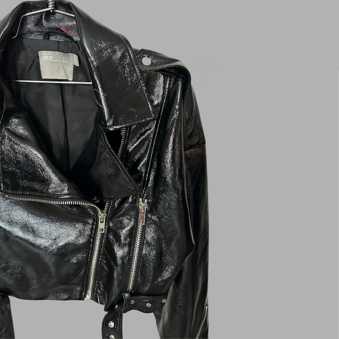 ASOS מעיל בייקר אוברסייז מידה 36 קרופ מבריק שחור חדש! – תמונה 2