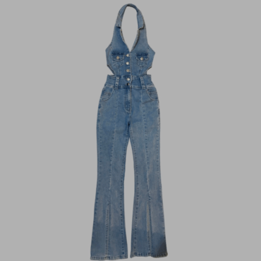 אוברול ג׳ינס לייקרה מידה XS בסגנון קולר עם צווארון עם חצי גב פתוח פתחים קדמיים ברגליים למטה ופתחים בצידי המותן