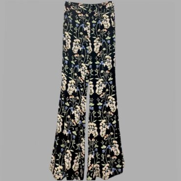 ZARA מכנסיים פרחוניים מידה 36 מתרחבים ונשפכי בגזרה גבוהה עם כפתור ורוכסן קדמים וגומי במותן אחורי, מצב מצויין