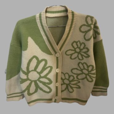סריג קרדיגן פרינט פרחים ירוקים מידה S מחמם ועבה