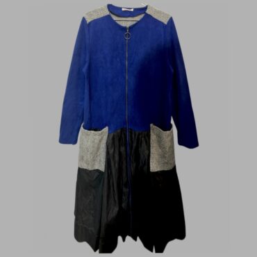 שמלת ג׳קט מידה L עם רוכסן, חלק עליון דמוי זאמש כחול חלק תחתון ניילון וצמר באפור גזרת A