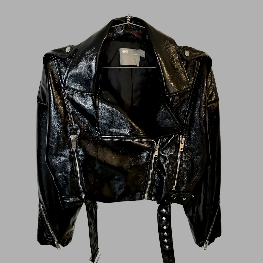 ASOS מעיל בייקר אוברסייז מידה 36 קרופ מבריק שחור חדש!