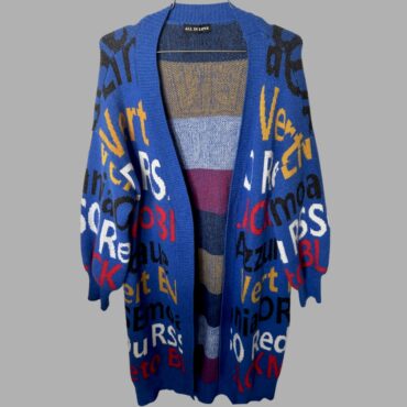 ALL IN LOVE קרדיגן סריג כחול כותנה ארוך פתוח עם הדפס אותיות מגניב מחמם וצבעוני, מצב חדש לגמריי