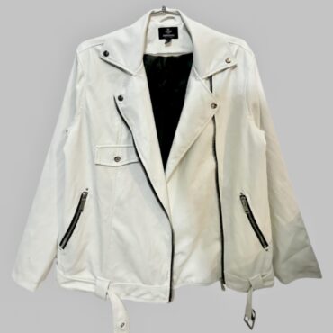THREADBARE מעיל ג׳קט בייקר דמוי עור לבן אוברסייז מידה S עם חגורה. מצב חדש!
