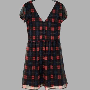 ZARA שמלת שיפון שחורה מכופתרת מידה S עם פרינט משבצות בצבע אדום מותן מודגשת. מצב חדש!