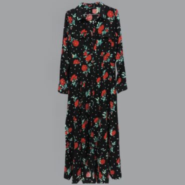 Stradivarius מידה M שמלת מקסי שחורה מכופתרת בפרינט שושנים אדומים