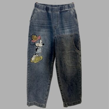 Cudi Jeans ג׳ינס מידה 42 עם רקמה של מיני מאוס גזרה גבוהה עם גומי במותן גזרת MOM
