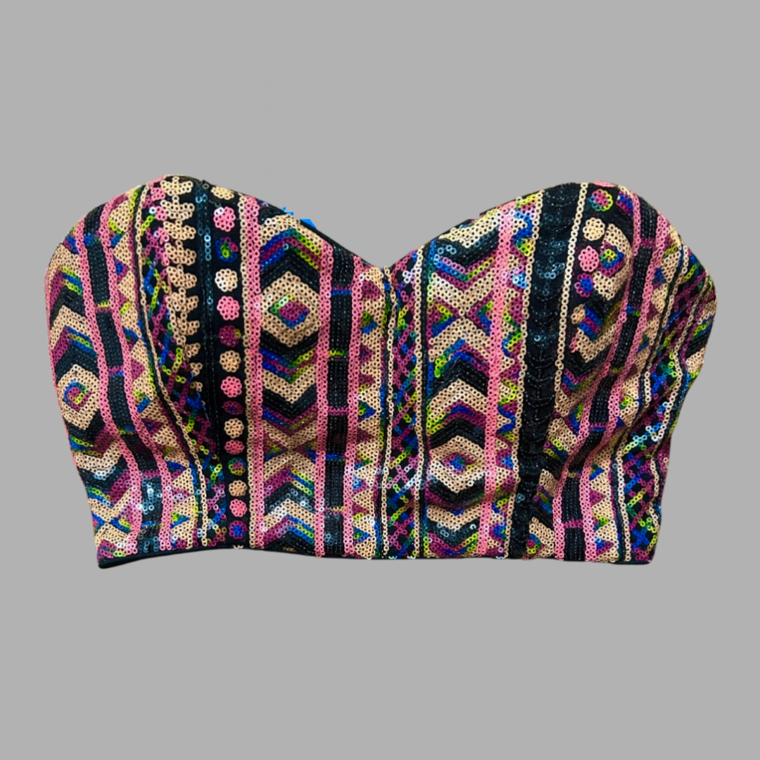 Forever21 מחוך קרופ צבעוני פאייטים מידה L עם גומי בגב בשילוב רוכסן