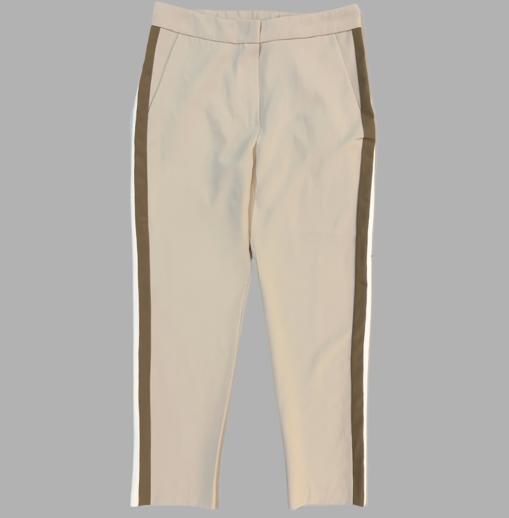 מכנסי צ׳ינו מידה 44 גזרה גבוהה בצבע ניוד עם פסים בצדדים, מצב חדש!