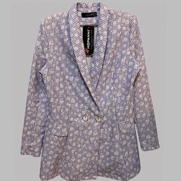 HOPANNI עם טיקט! בלייזר סגול ולבן משבצות ופרחים מידה L בד דק מעט לייקרה