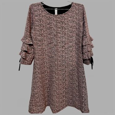 New Collection עם טיקט! שמלת טוויד לייקרה ורודה עם שחור סרוגה עם מלמלות ופפיונים בשרוולים, גזרת A נשפכת