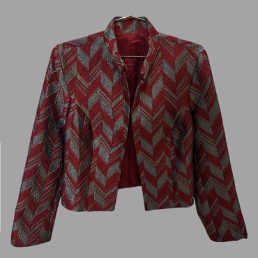 וינטג׳! ג’קט ז’קארד בורדו עם אפור אלגנטי קצר מידה M טקסטורה וברק מטאלי. מצב חדש!