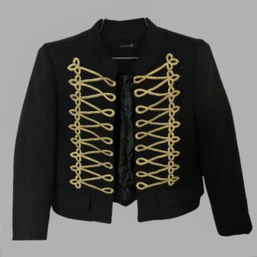 Melitea ג׳קט איטלקי שחור צבאי-בוהמיאן מידה S רקמת חבלים מוזהבים בחזית, בד דמוי צמר