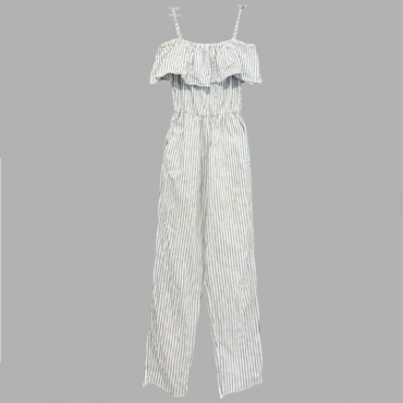 אוברול פשתן לבן פסים אפורים מידה 36 אוף שולדרס מלמלות וגומי במותן. מצב כמו חדש