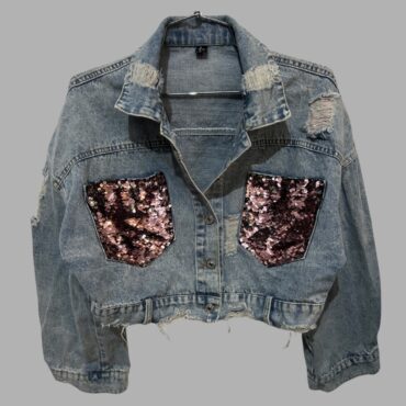 ג׳קט ג׳ינס קרופ אוברסייז פאייטים מידה L מצב חדש